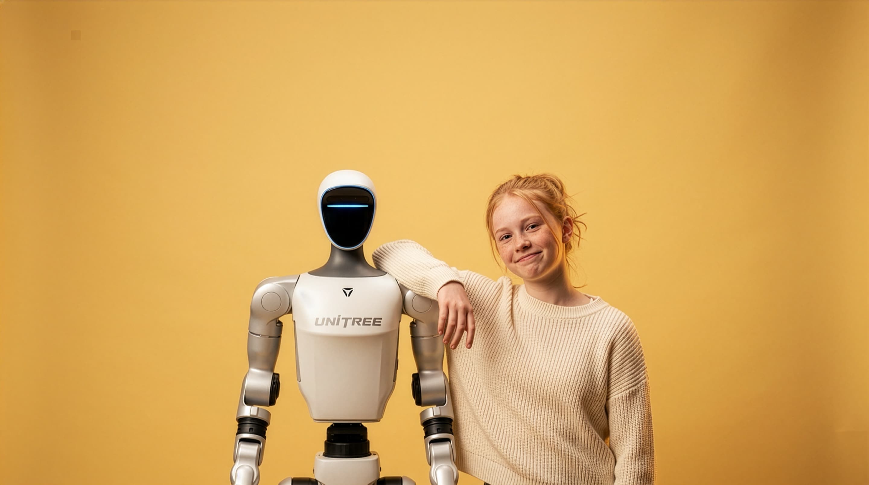 Unitree G1 humanoid standing beside a person against a warm amber backdrop
