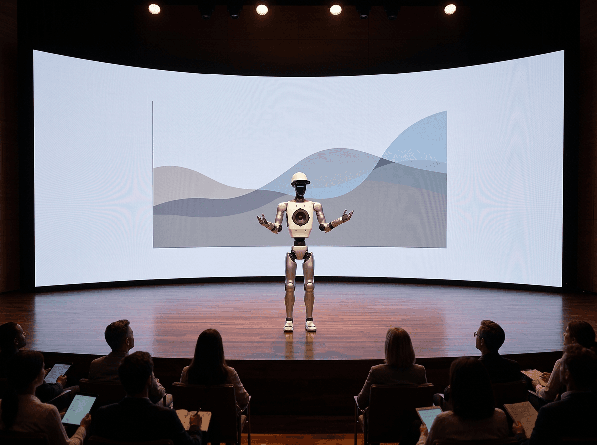 Humanoid robot on stage giving a talk to a seated audience